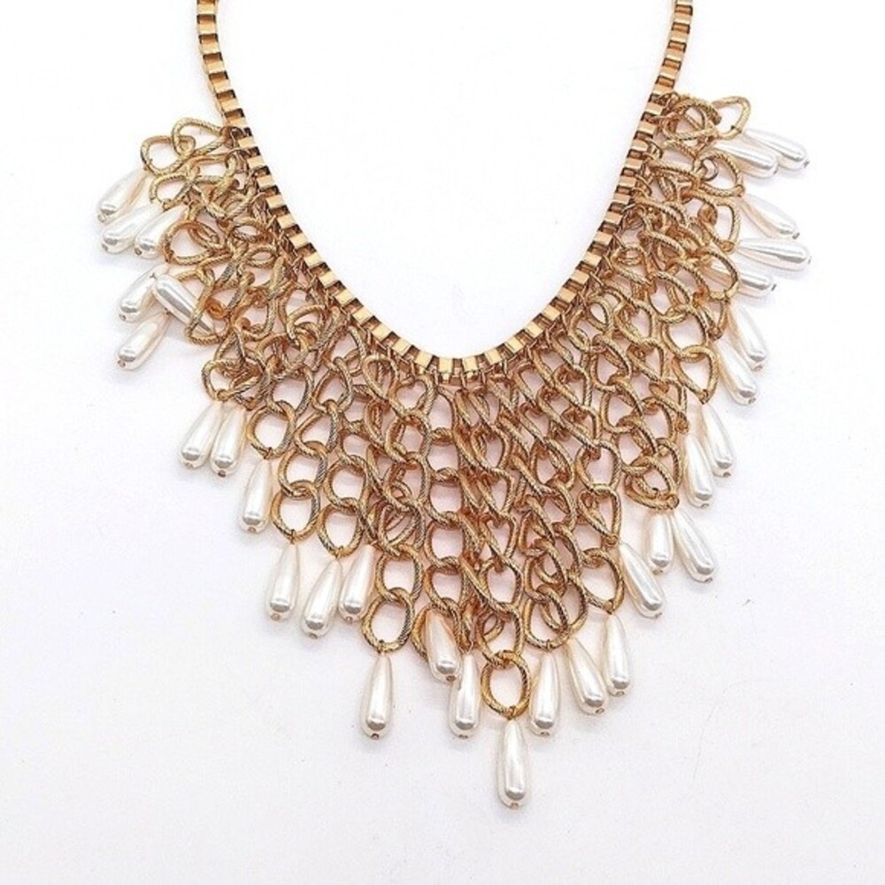 CHICO'S 20" Pearl Drops Statement Necklace in Gold Tone Franco Chain - Picture 3 of 6